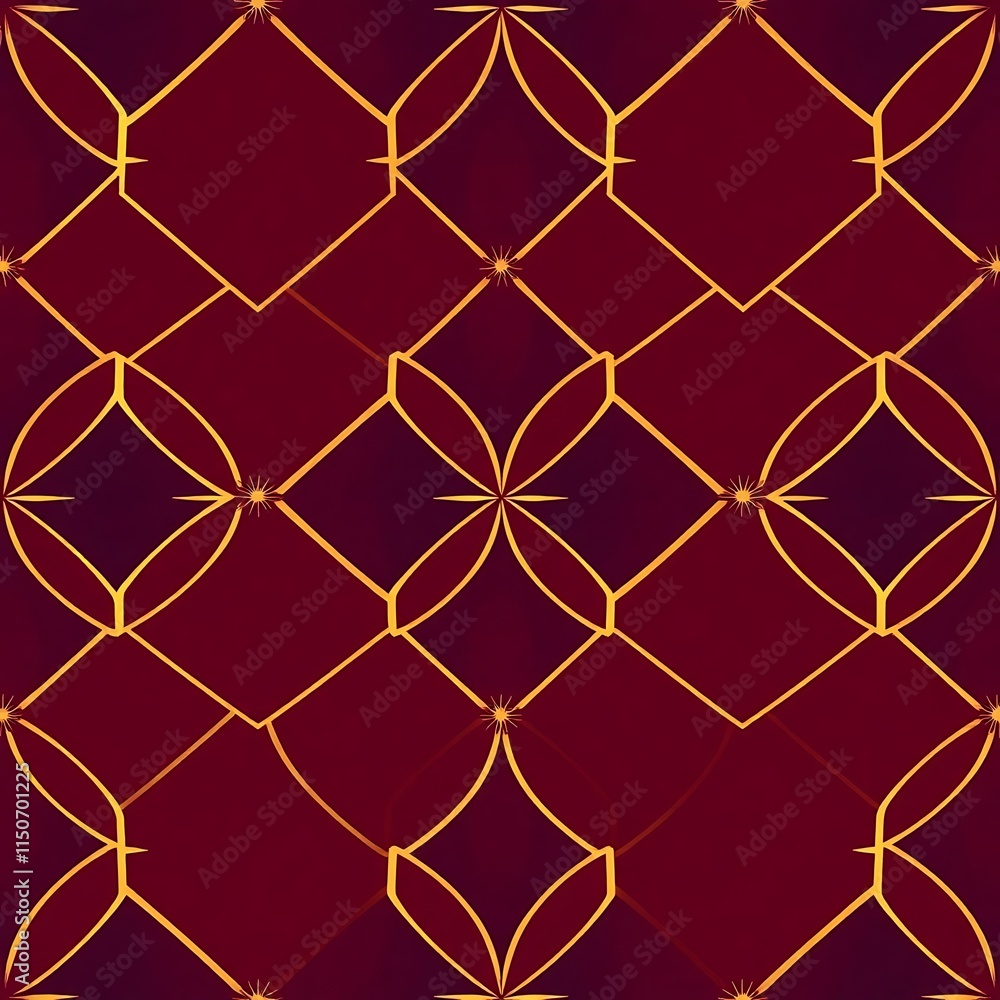 Poster crimson & gold geometric pattern: a luxurious seamless texture featuring a repeating design of burgu