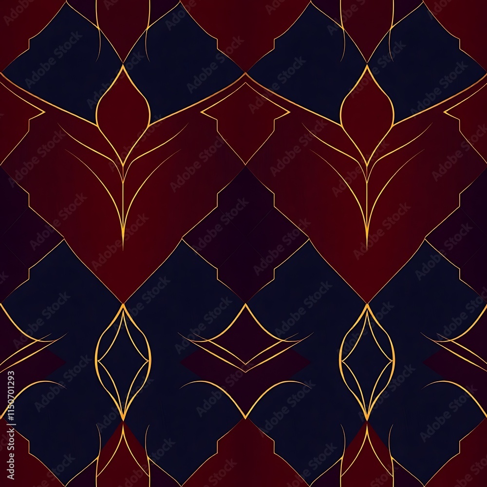 Poster Art Deco Seamless Pattern: A sophisticated and elegant seamless pattern with a classic art deco design. The pattern features rich burgundy and deep navy colors, accented with shimmering gold lines.