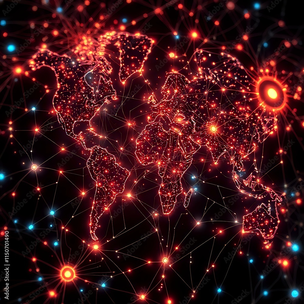 Poster dynamic global internet traffic map in art nouveau style