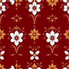 Floral Damask Seamless Pattern: A classic and elegant seamless pattern featuring intricate floral designs in white and gold against a rich burgundy background.