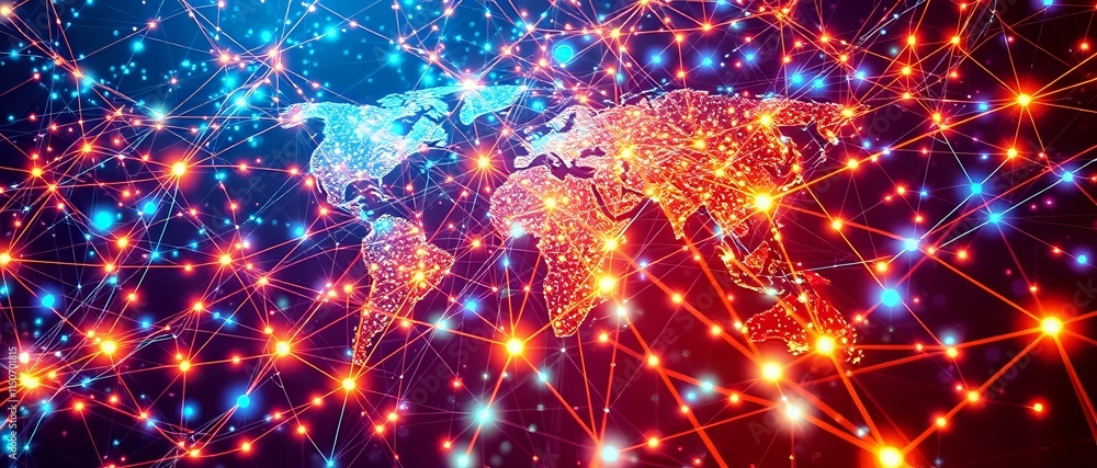 Aufkleber dynamic global network map: glowing cybernetic nodes in art nouveau style