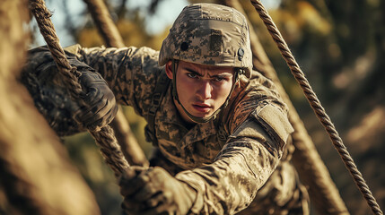 A determined soldier climbing a rope wall during an obstacle course, showcasing physical strength and resilience in military training.