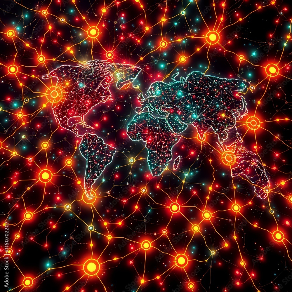 Poster global unity in cybernetic web of interconnectedness - glowing colors