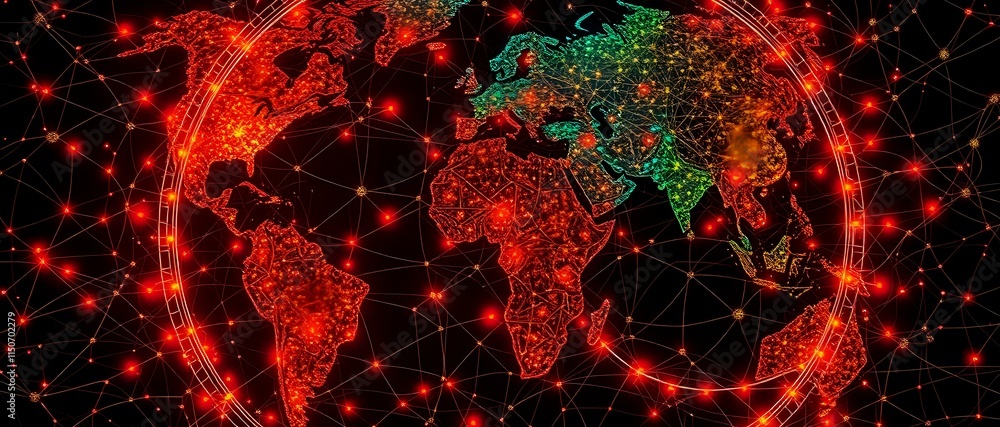 Poster interconnected global internet traffic patterns - cybernetic art nouveau glowing map