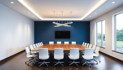 Large conference room with a sleek grey, black, and white interior design. Spacious table...