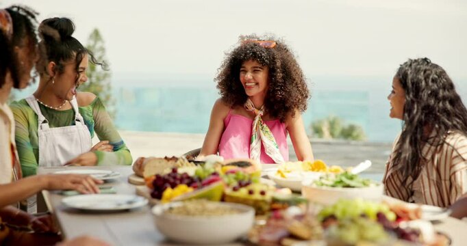 Happy, relax and summer with friends and lunch on patio for vacation, laughing and reunion. Community, diversity and new years celebration with people and outdoors for fruits, nutrition or brunch