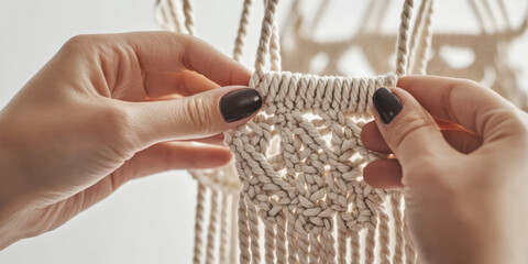 Closeup female hands knit products for the interior using macrame technique. Cozy interior decorations made of rope