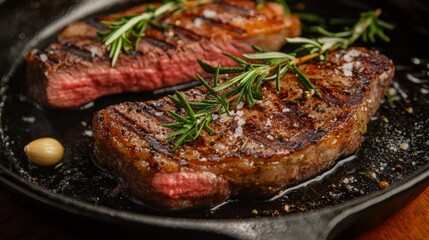 Juicy Grilled Steak with Herbs and Garlic in Cast Iron Skillet