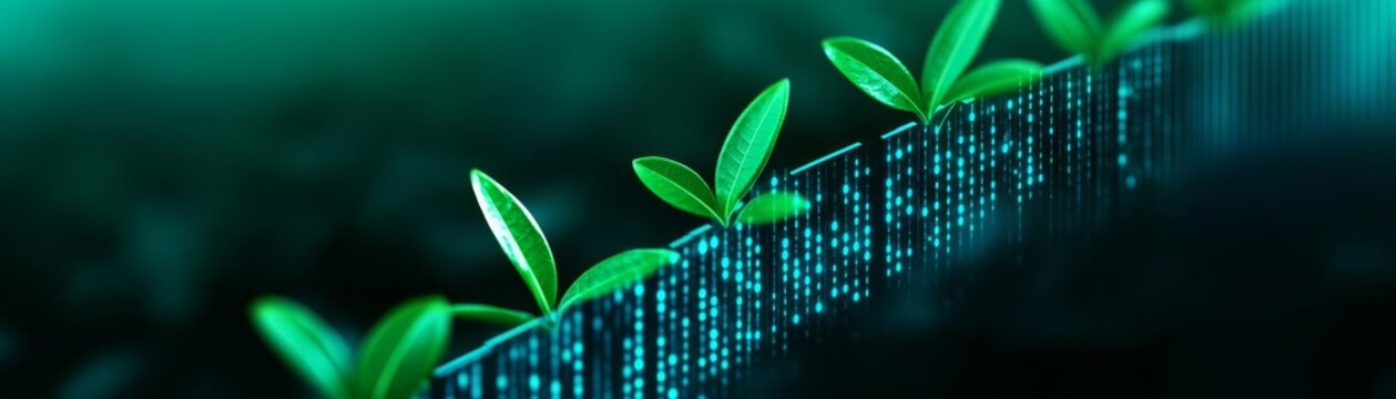 Carbon footprint reductions visualized through a descending graph, digital growth chart, climate action