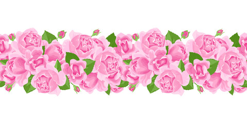 Pink flowers horizontal seamless pattern. Vector cartoon illustration of roses garland. 