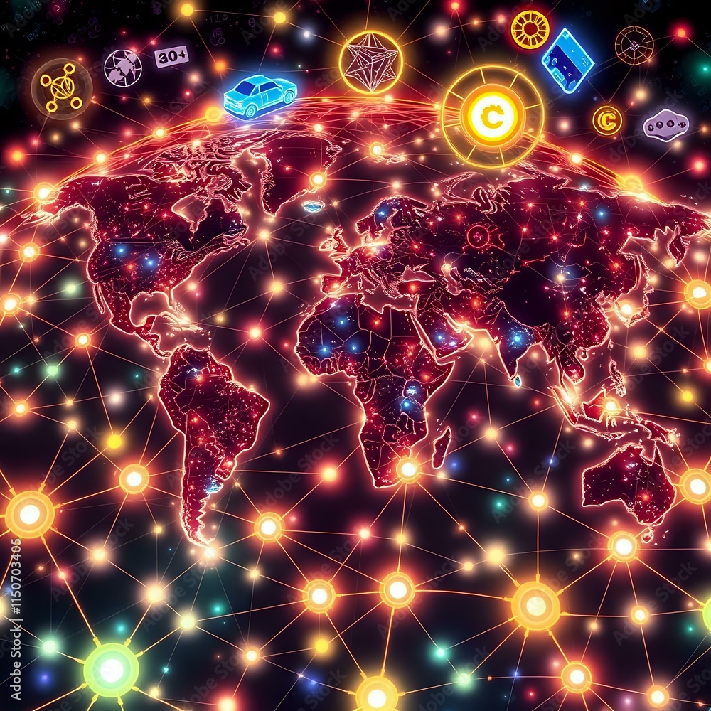 Poster glowing cybernetic world map - quantum internet traffic patterns & emerging tech