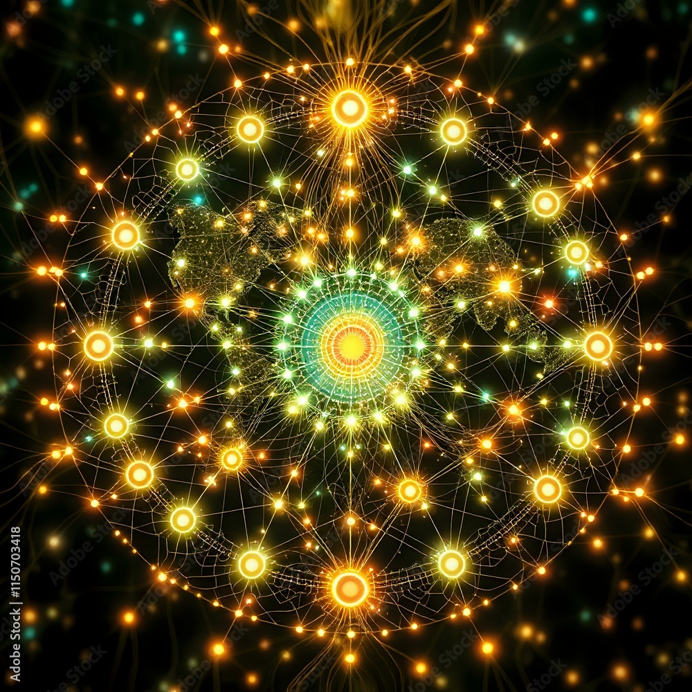 Poster cybernetic data visualization with glowing nodes