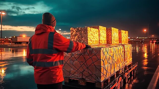 A logistics worker in a reflective jacket handling a cargo shipment during a wet evening at an airport. Concept of dedication and the role of logistics in global transportation networks.
