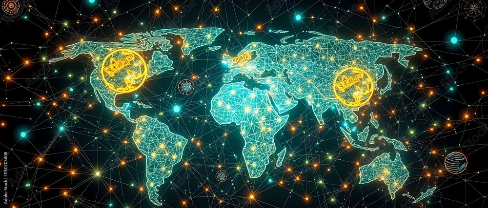 Poster illuminated world map with cybernetic traffic patterns