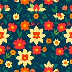 Vibrant Floral Fiesta: A seamless pattern bursts with bright, cheerful flowers in a captivating display of color and design. Perfect for textiles, wallpapers, and more. 