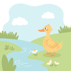 Cute little duckling on the river bank in a meadow with flowers. Spring illustration for children, postcard