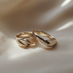 Elegant gold wedding bands on silky fabric background