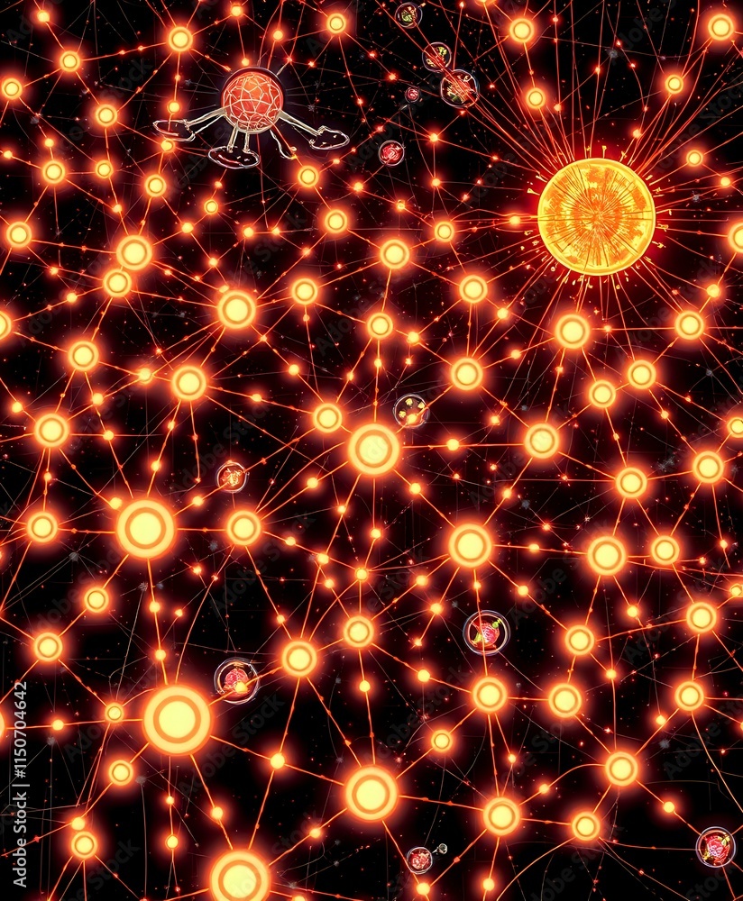 Poster dynamic cybernetic web with interconnected nodes in abstract glow