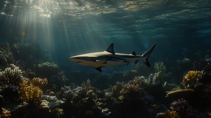 Fototapeta premium Graceful Shark Swimming Among Vibrant Coral Reef Underwater Light