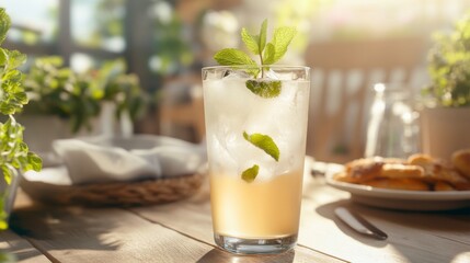 Refreshing Cocktail with Mint and Ice on a Sunlit Table Setting