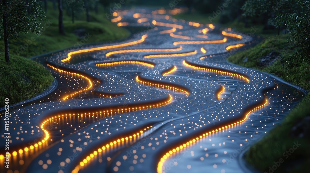 Poster a serene river illuminated by glowing lights, creating a tranquil and enchanting atmosphere.