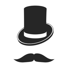 Vintage top hat and moustache in black silhouette vector