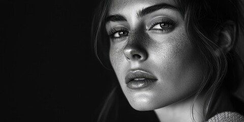 Naklejka premium A woman gazes directly at the viewer, her defined cheekbones and freckles illuminated by soft lighting in a black and white setting, creating a captivating mood. Generative AI