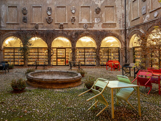 Cuneo, Italy: Civic Library in the historic Palazzo Audiffredi (18th century), view of the inner...