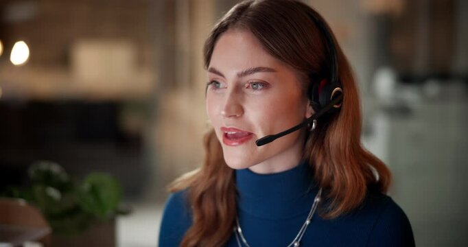 Woman, night and call centre agent for helping in office, global support and talking to customer. Female person, consultant and computer for technical guide, advisor and assistance to client at job