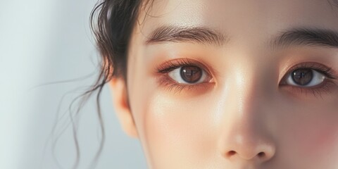 Fototapeta premium Close-up of a young woman's face in soft light, emphasizing her expressive eyes and natural beauty in a bright indoor setting. Generative AI