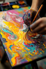 Obraz premium Liquid Acrylic paint flows over the canvas. Creating chaotic art drawing. Creative workshop, hobby for adults, relaxation