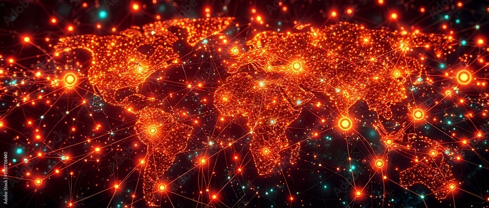 Poster cybernetic art nouveau world map with glowing network patterns