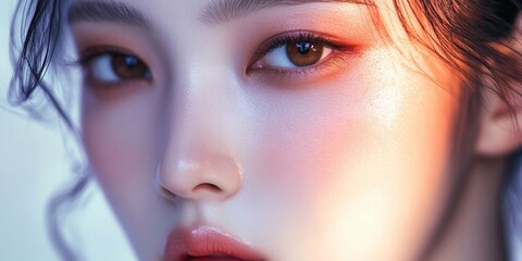 Fototapeta premium A close-up view of a woman showcasing her striking facial features and expressive eyes, illuminated by gentle lighting to enhance her natural beauty. Generative AI