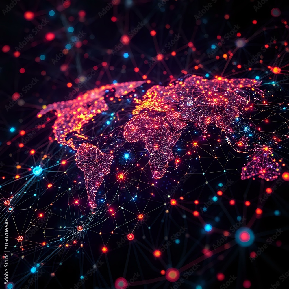 Poster dynamic glowing globe map of quantum internet traffic patterns (1:1)