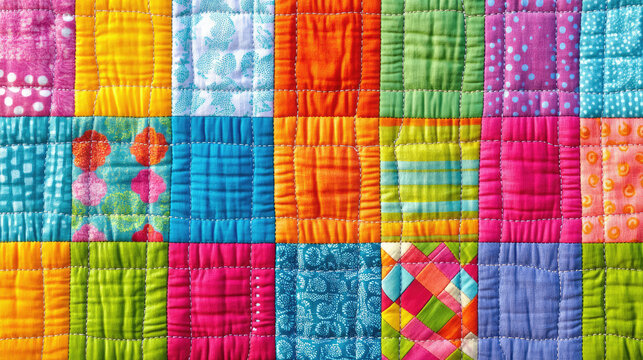 Many little cloth squares with different patterns and colors stitched together in a patchwork quilt texture, fabric work, handcrafted quilting design