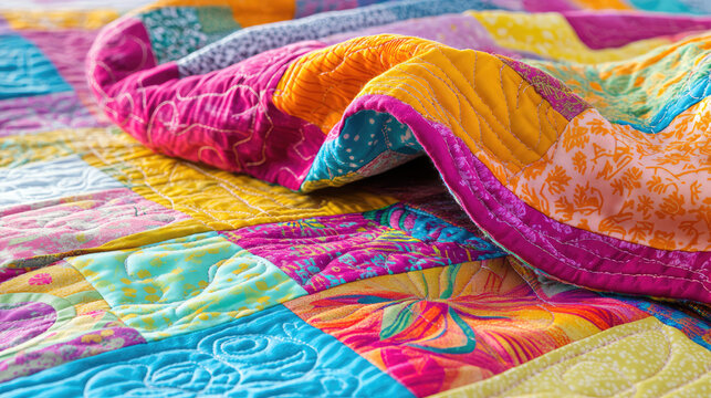 Many little cloth squares with different patterns and colors stitched together in a patchwork quilt texture, fabric work, handcrafted quilting design