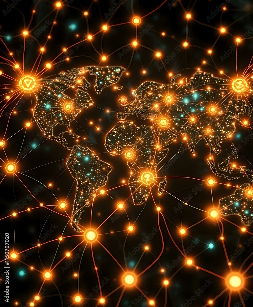 Poster art nouveau cybernetic map of global interconnected nodes - glowing web