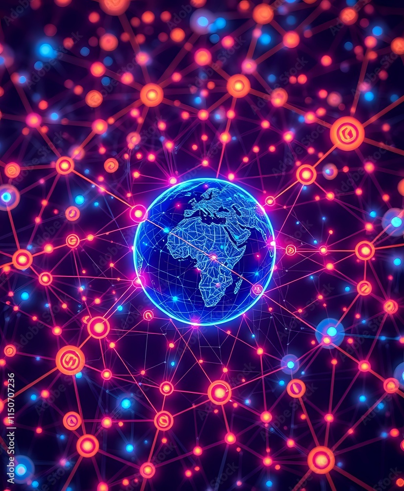 Poster quantum network nexus: earths glowing interconnected data universe