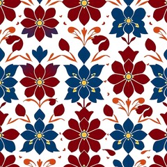 Vibrant Floral Pattern:  A captivating seamless pattern featuring bold, stylized flowers in a rich palette of burgundy, blue, and yellow.