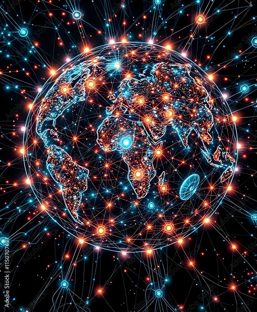Poster global quantum internet traffic - illuminated world map with cybernetic art nouveau design