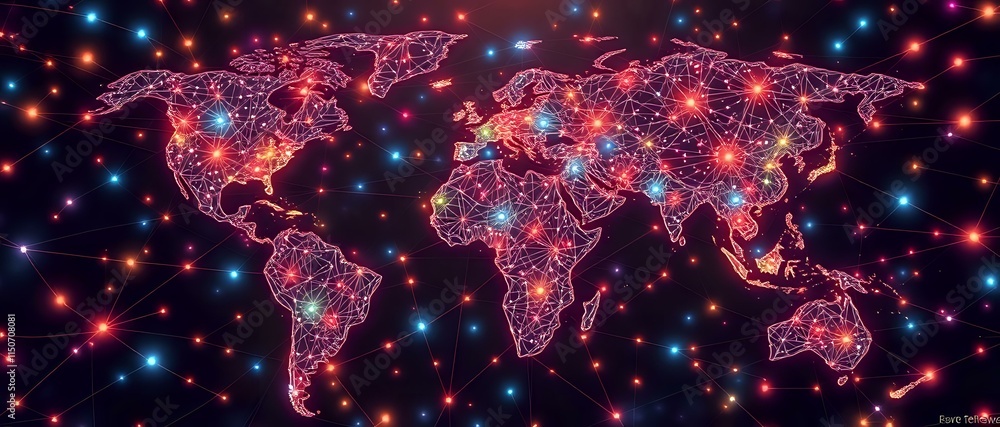 Poster globe connected: dynamic quantum internet map in cybernetic art nouveau style