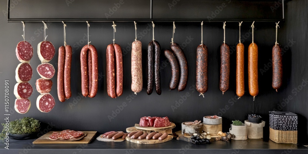 Poster a vibrant display of various meats hanging on hooks. this image showcases a range of sausages and cu