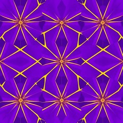 Purple and Gold Kaleidoscope: A mesmerizing seamless pattern of radiant purple petals with golden accents, forming a kaleidoscopic design perfect for textile prints, wallpapers, or digital art.  