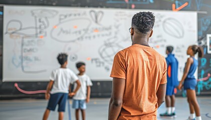 Coaches and players collaborating on strategy during a timeout in a basketball game