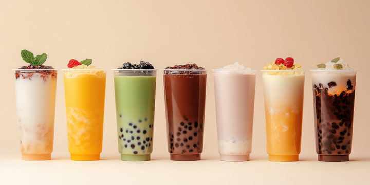 Studio photo composition of Plastic cups with different milky bobba tea with tapioca balls on a pastel background with copy space