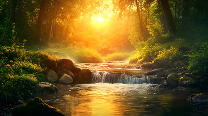 Serene Creek Meandering Through a Forest at Sunset with Lush Greenery and Reflective Waters