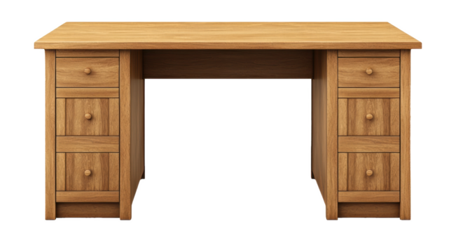 A wooden desk with two sets of drawers on each side is displayed from the front, isolated on transparent background. Suitable for office or home workspace design setups
