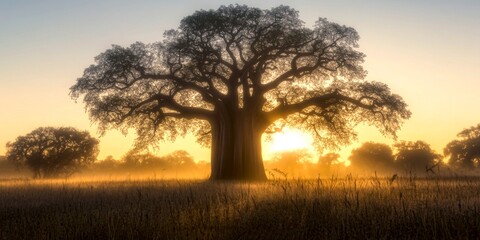 A majestic tree stands tall against a golden sunrise. Its wide branches create a silhouette that captures the beauty of nature. Perfect for inspiration or relaxation. AI