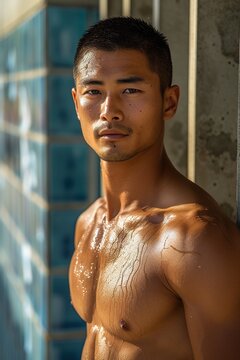 Japanese muscle young male,super handsome,clean and smooth skin,abs,strong pectoral,crew cut hair,front shot,by Annie Liebocvich
