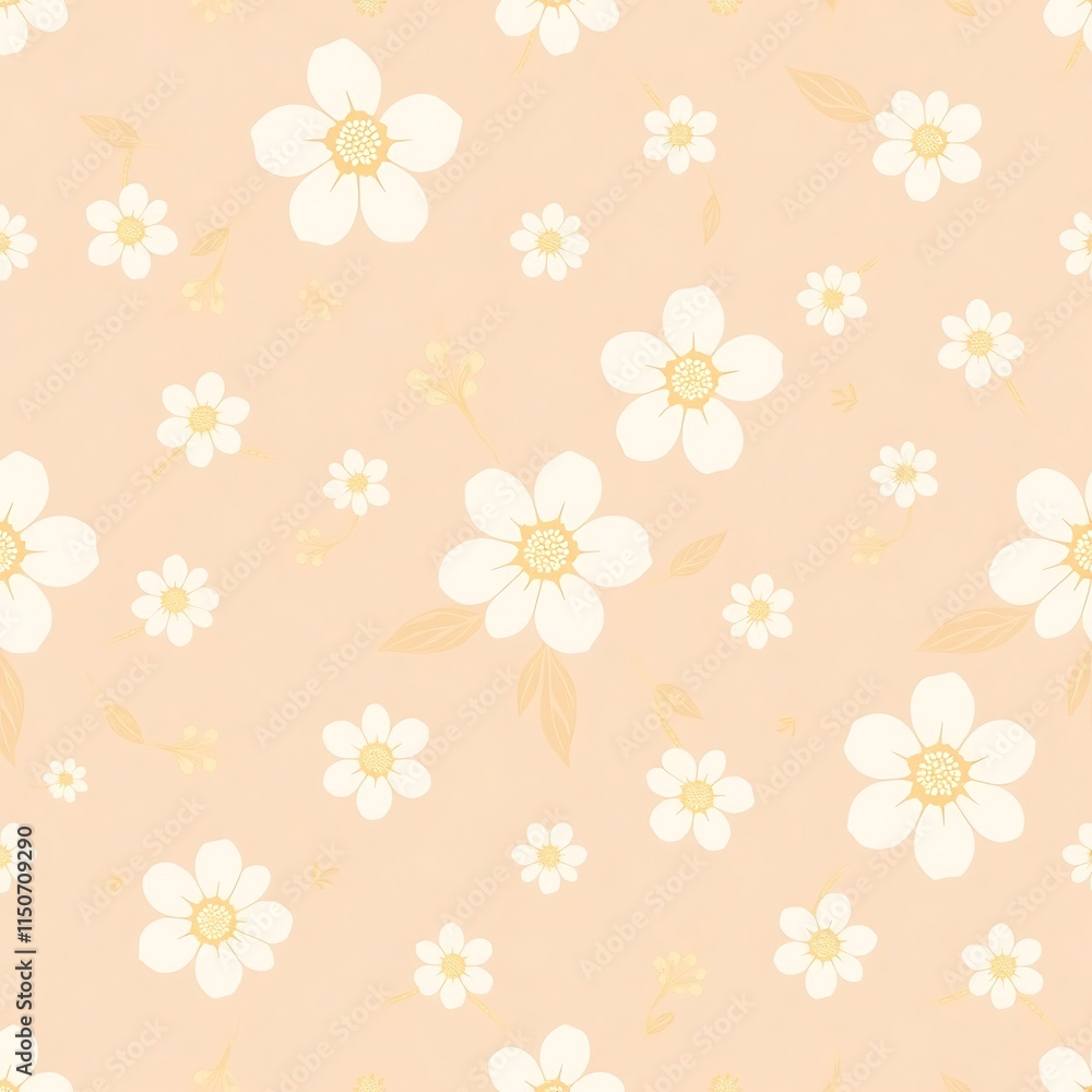 Poster Peachy Daisy Delight: A charming seamless pattern featuring delicate white daisies scattered across a soft peach background. Perfect for adding a touch of springtime elegance to any design.